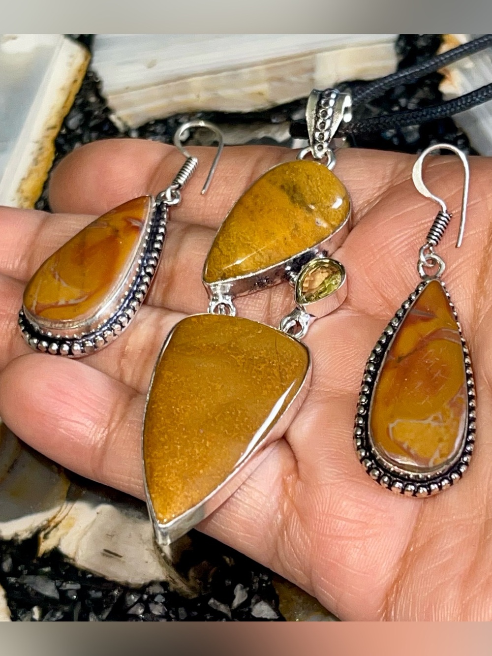 Yellow Jasper Quartz Pendant & Earrings